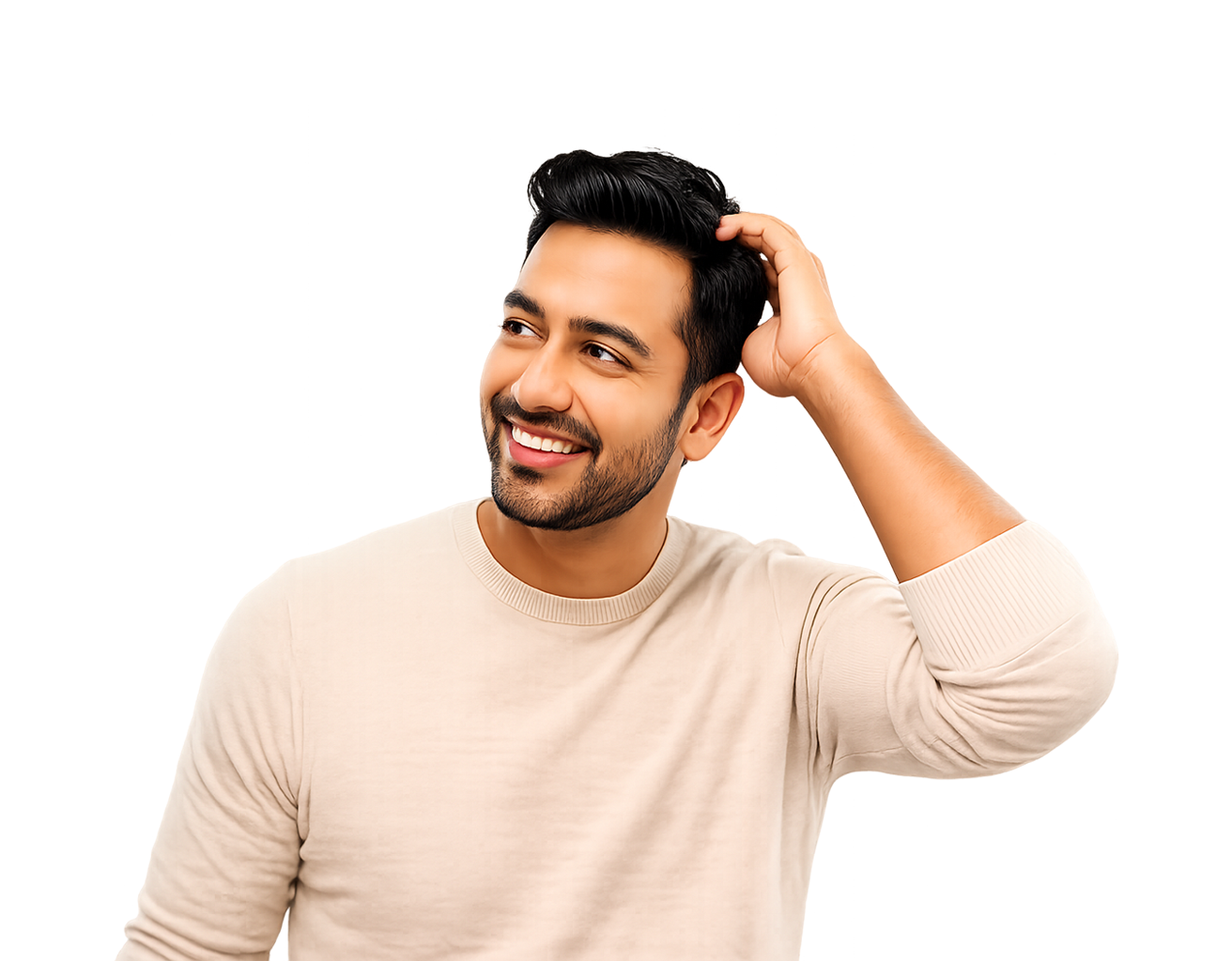 Confident patient running a hand through healthy, restored hair